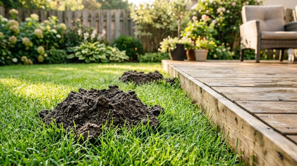 Close-up of fresh mole mounds on a lush green lawn next to a