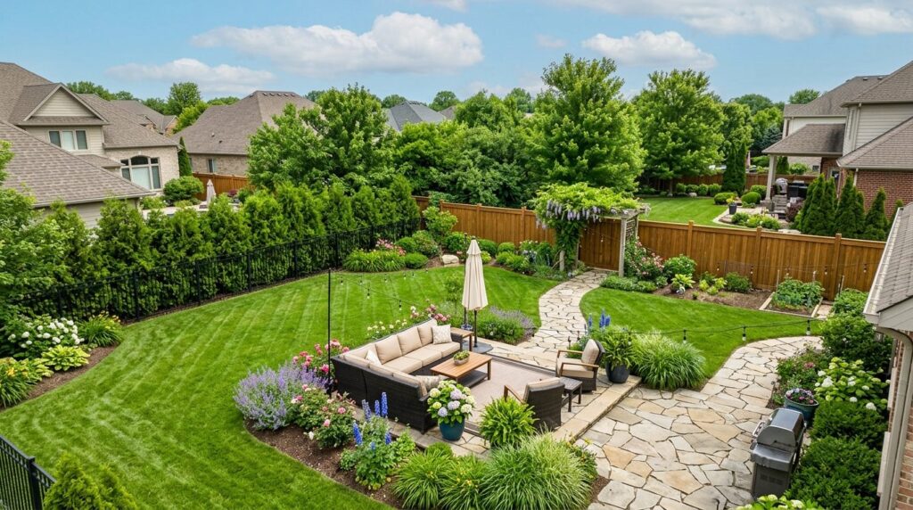 Aerial view of a beautiful backyard with patio furniture on 