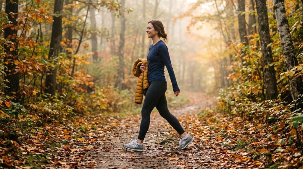 Woman wearing grey and white casual sneakers walking through