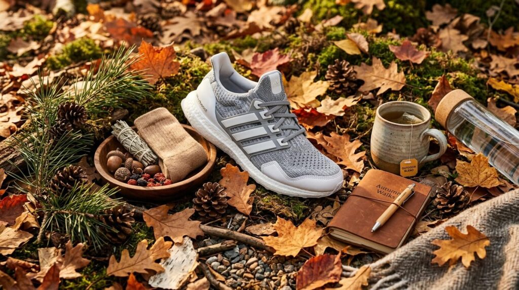 Close-up flat lay of grey and white Adidas sneaker on a text